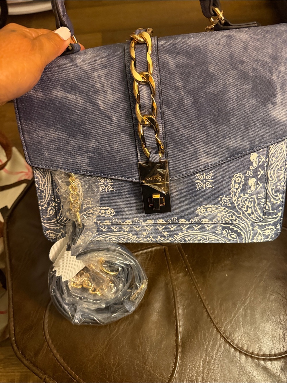 Aldo Blue Bandana-Print Chain-Accent Satchel